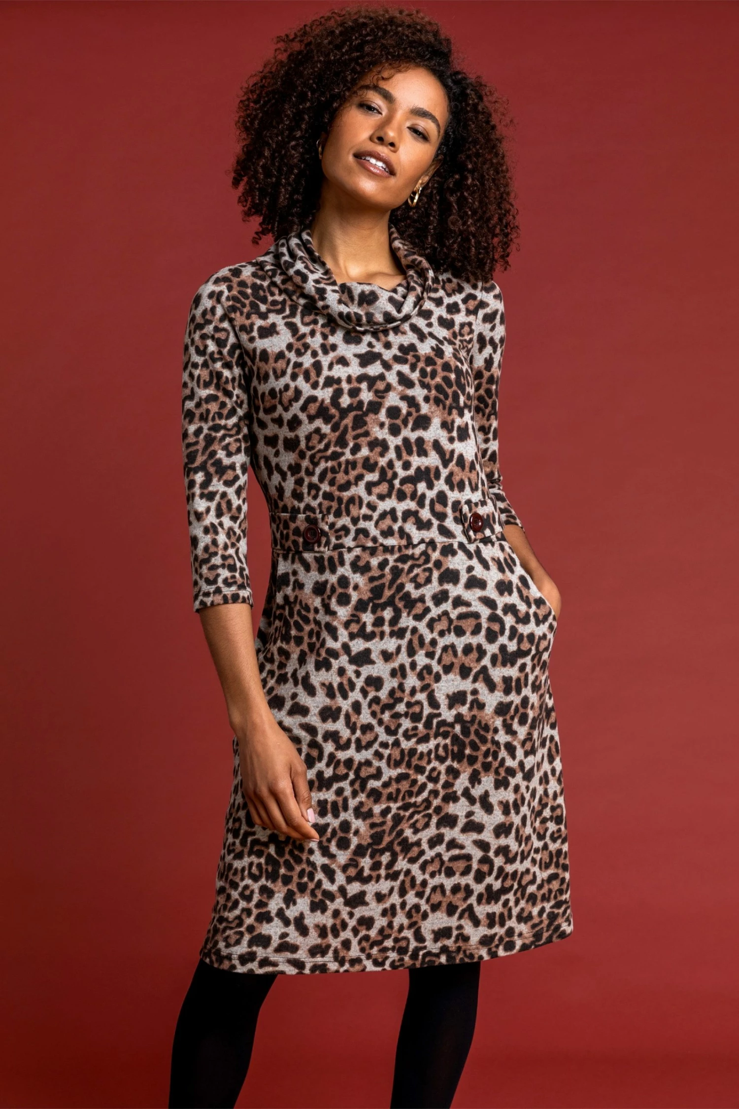 Roman Brown Animal Print Cowl Neck Dress 5 Roman Brown Animal Print Cowl Neck Dress - Image 3