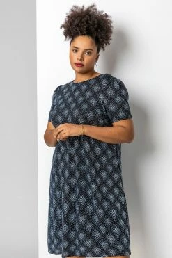 Roman Silver Curve Glitter Print Shift Dress