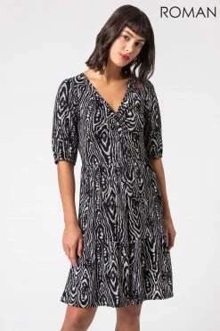 Roman Black Animal Print Tiered Ruched Detail Dress
