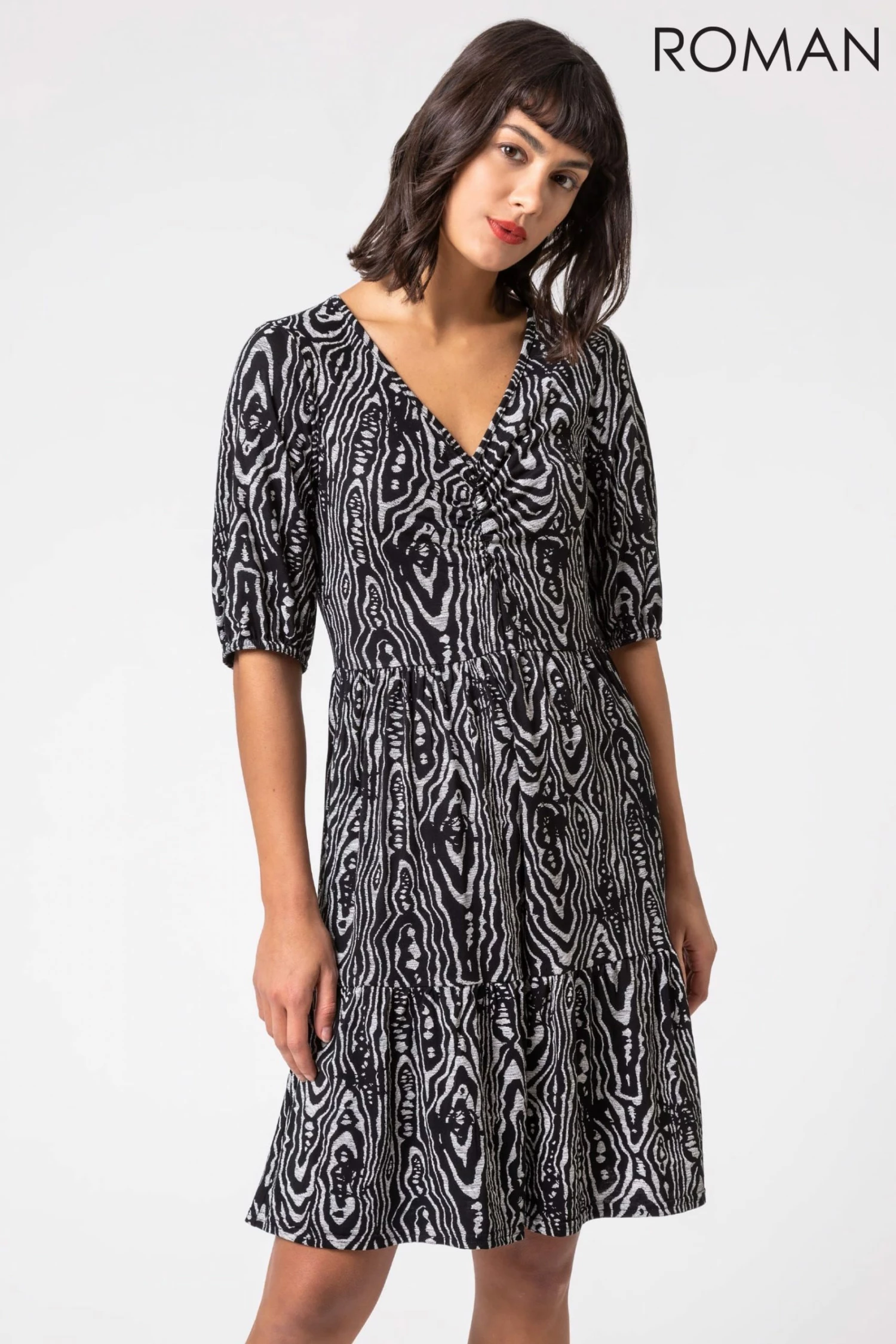 Roman Black Animal Print Tiered Ruched Detail Dress 3 Roman Black Animal Print Tiered Ruched Detail Dress