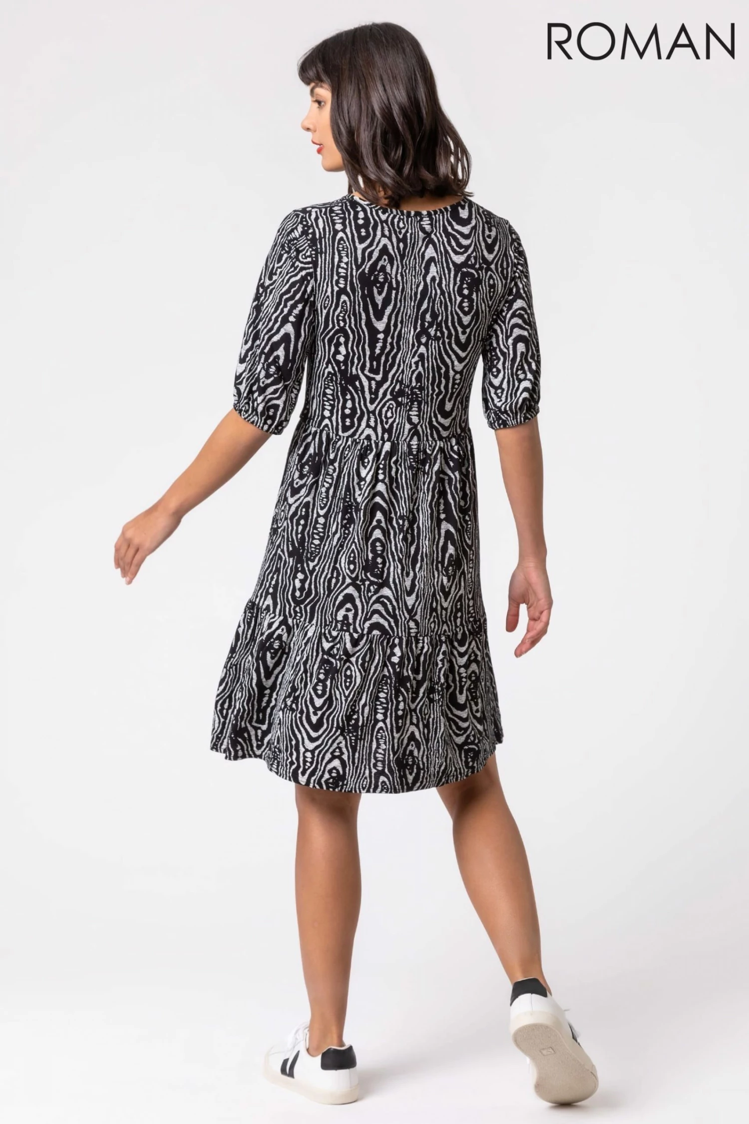 Roman Black Animal Print Tiered Ruched Detail Dress 4 Roman Black Animal Print Tiered Ruched Detail Dress - Image 2