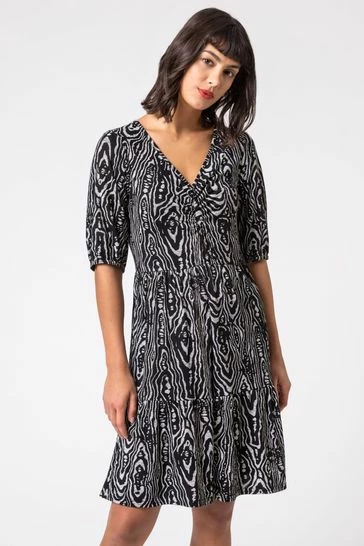 Roman Black Animal Print Tiered Ruched Detail Dress 8 Roman Black Animal Print Tiered Ruched Detail Dress - Image 6