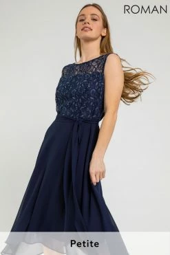 Roman Blue Petite Lace Detail Fit And Flare Dress