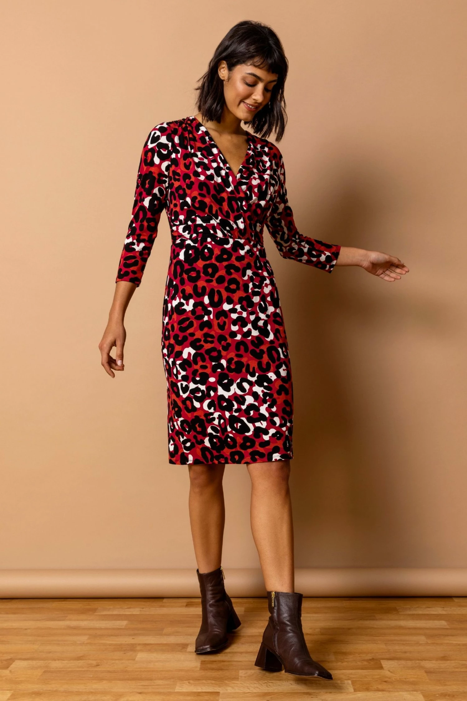 Roman Red Animal Print Fitted Wrap Dress 3 Roman Red Animal Print Fitted Wrap Dress