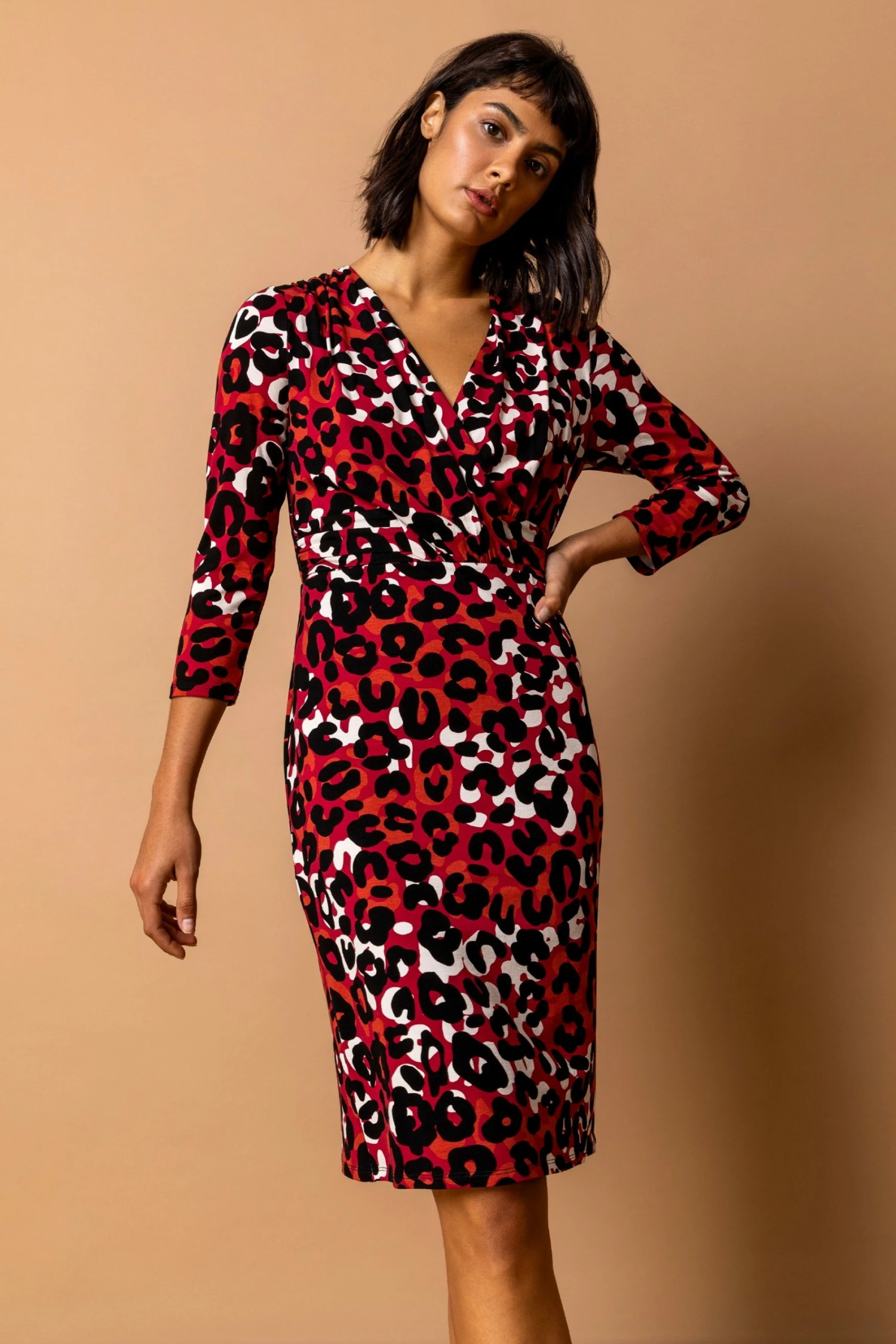 Roman Red Animal Print Fitted Wrap Dress 5 Roman Red Animal Print Fitted Wrap Dress - Image 3