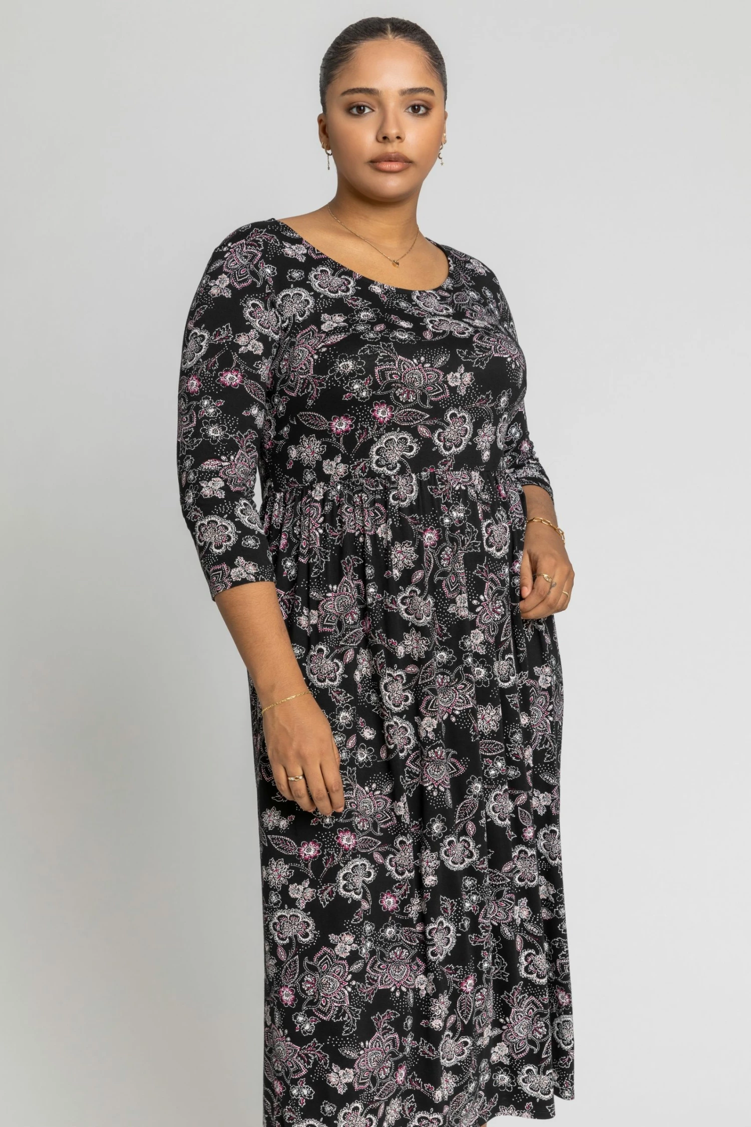 Roman Purple Curve Floral Print Gathered Midi Dress 3 Roman Purple Curve Floral Print Gathered Midi Dress