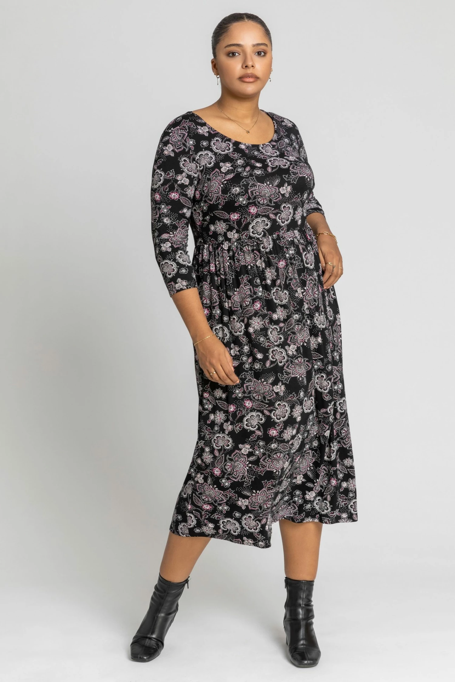 Roman Purple Curve Floral Print Gathered Midi Dress 5 Roman Purple Curve Floral Print Gathered Midi Dress - Image 3