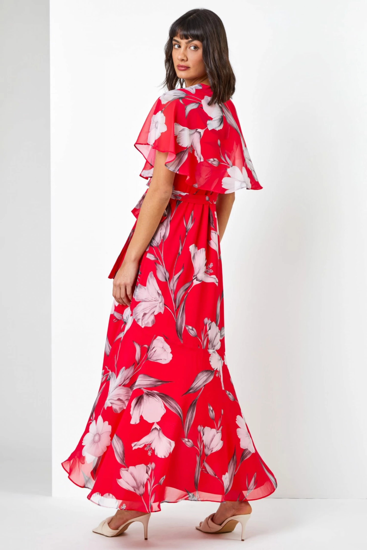 Roman Red Floral Print Frill Cape Midi Dress 4 Roman Red Floral Print Frill Cape Midi Dress - Image 2