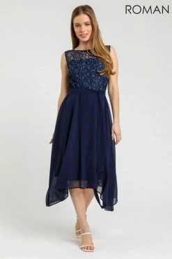 Roman Blue Petite Lace Detail Fit And Flare Dress -Roman Sales Shop unnamed file 495