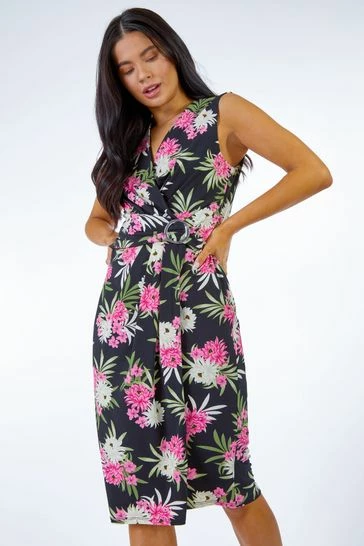 Roman Pink Petite Side Buckle Floral Print Midi Dress 8 Roman Pink Petite Side Buckle Floral Print Midi Dress - Image 6