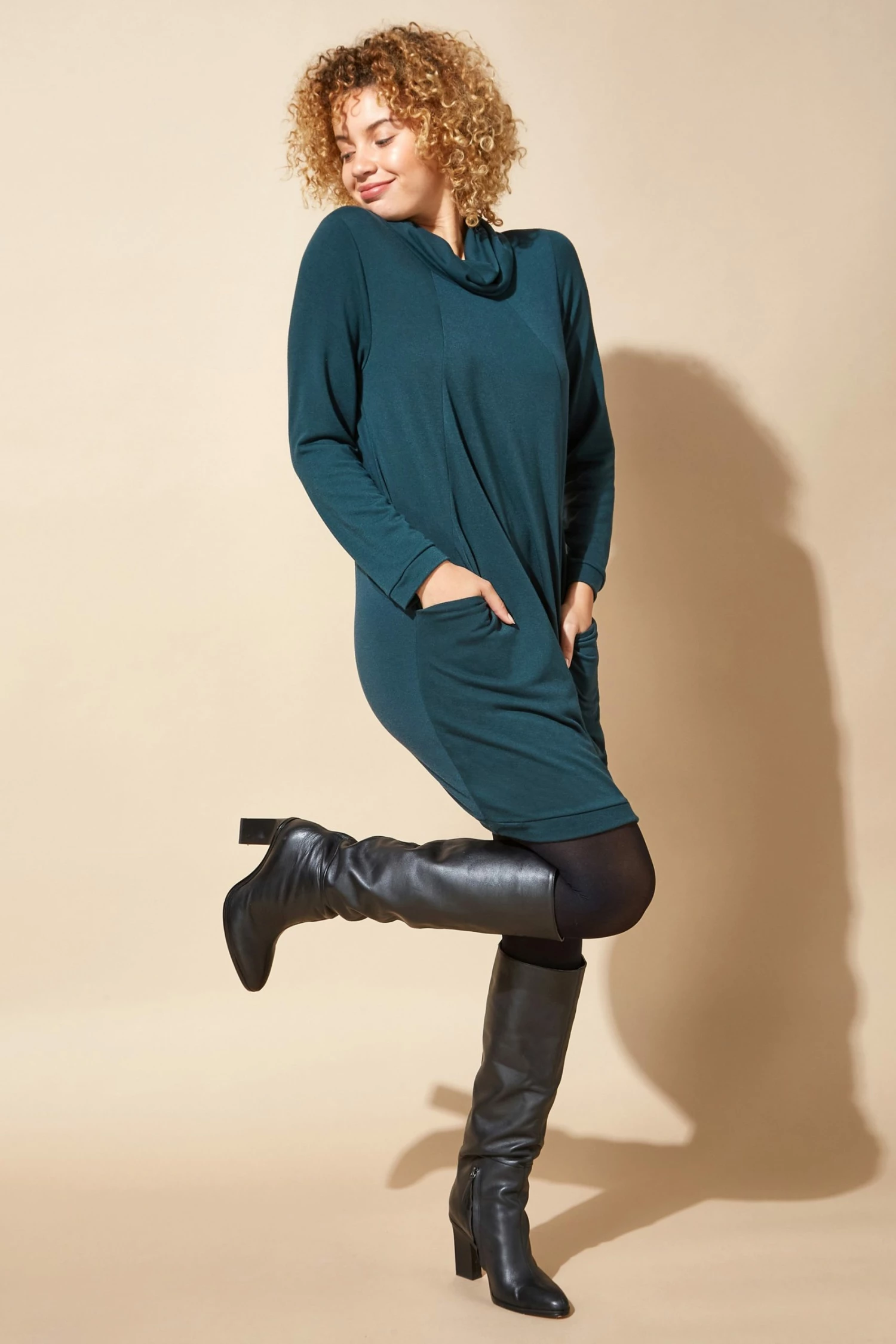 Roman Green Long Sleeve Cowl Neck Tunic Dress 4 Roman Green Long Sleeve Cowl Neck Tunic Dress - Image 2