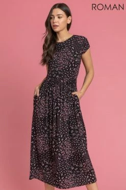 Roman Black Patchwork Floral Midi Dress