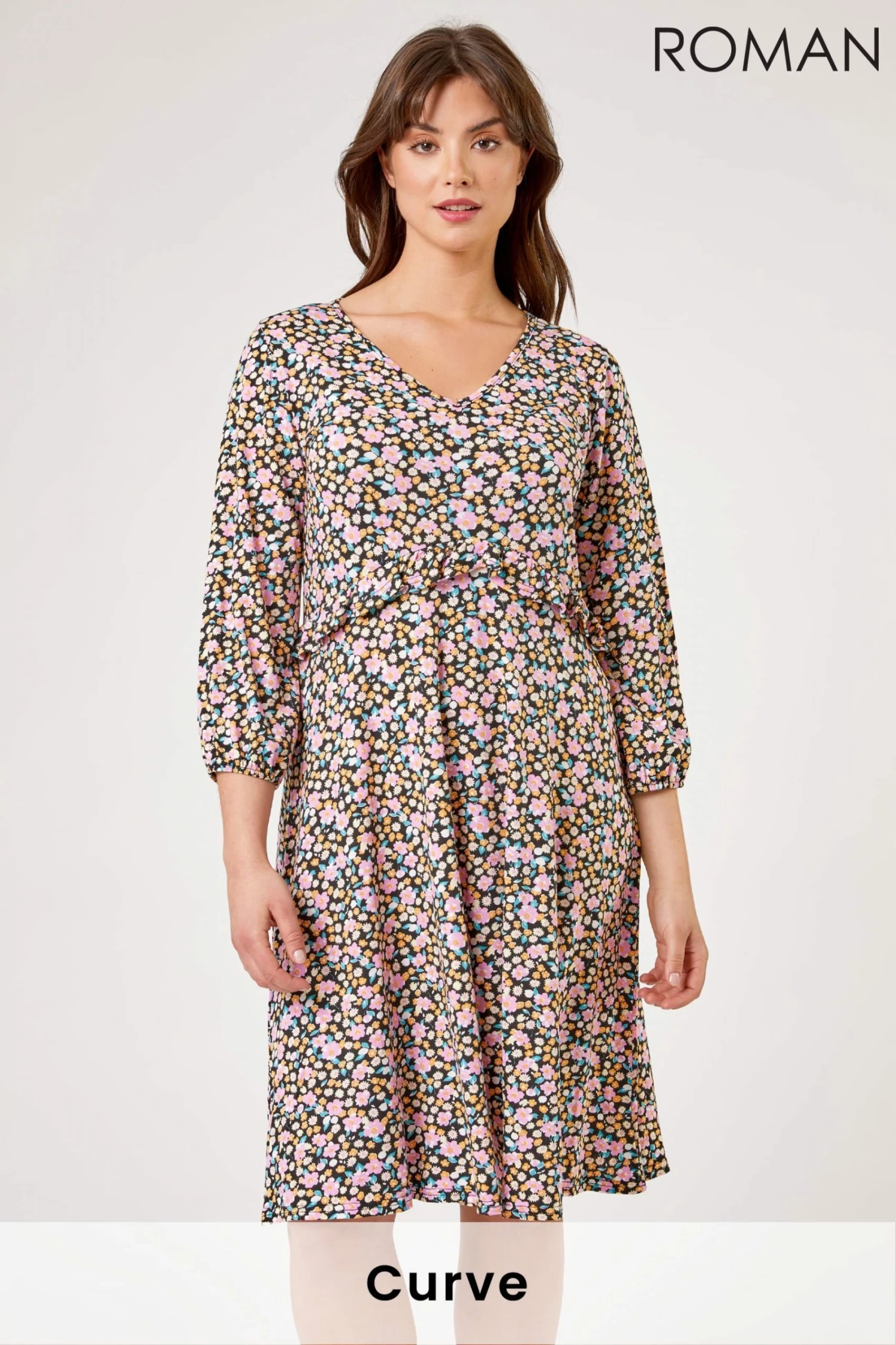 Roman Pink Curve Frill Detail Floral Print Dress 3 Roman Pink Curve Frill Detail Floral Print Dress