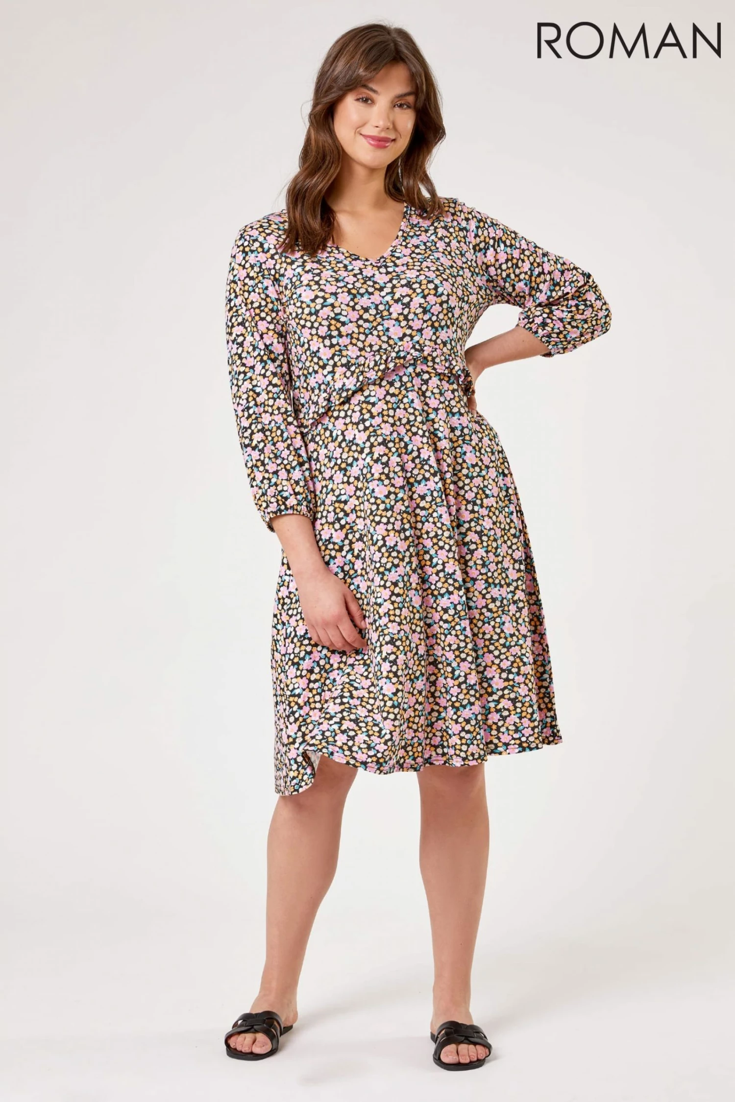 Roman Pink Curve Frill Detail Floral Print Dress 4 Roman Pink Curve Frill Detail Floral Print Dress - Image 2