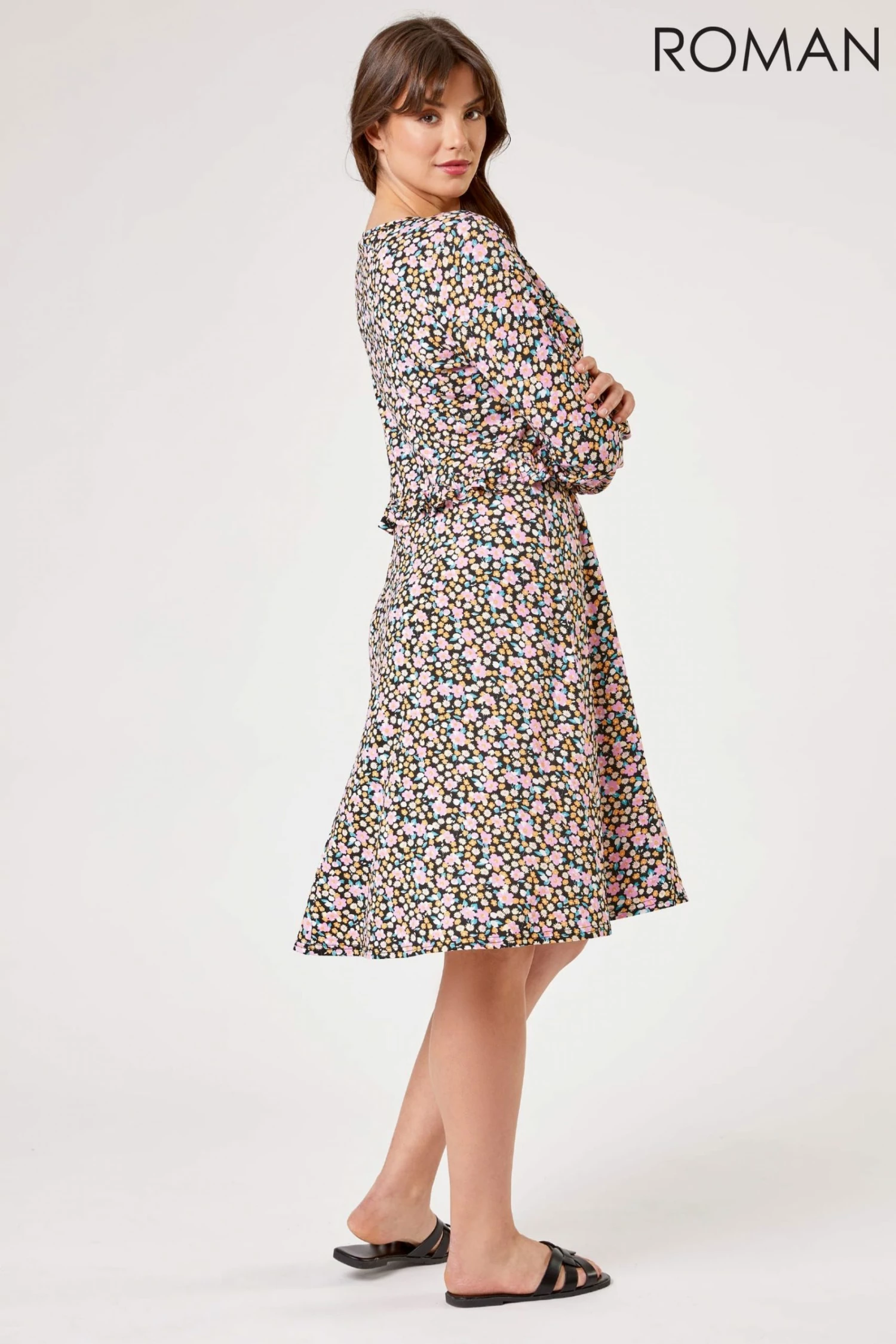 Roman Pink Curve Frill Detail Floral Print Dress 5 Roman Pink Curve Frill Detail Floral Print Dress - Image 3