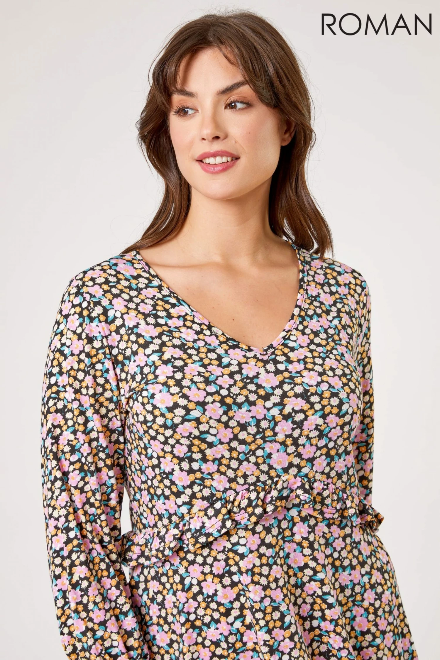 Roman Pink Curve Frill Detail Floral Print Dress 6 Roman Pink Curve Frill Detail Floral Print Dress - Image 4