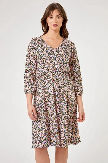 Roman Pink Curve Frill Detail Floral Print Dress 8 Roman Pink Curve Frill Detail Floral Print Dress - Image 6