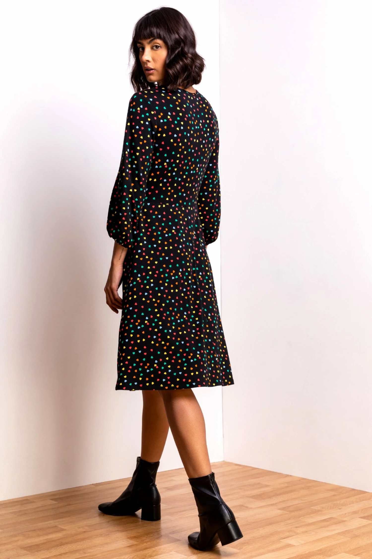 Roman Black Ditsy Heart Print Tea Dress 4 Roman Black Ditsy Heart Print Tea Dress - Image 2