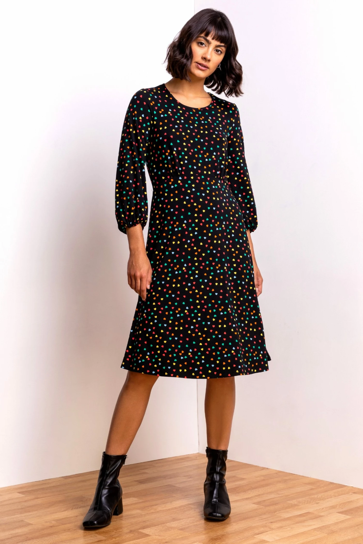 Roman Black Ditsy Heart Print Tea Dress 5 Roman Black Ditsy Heart Print Tea Dress - Image 3
