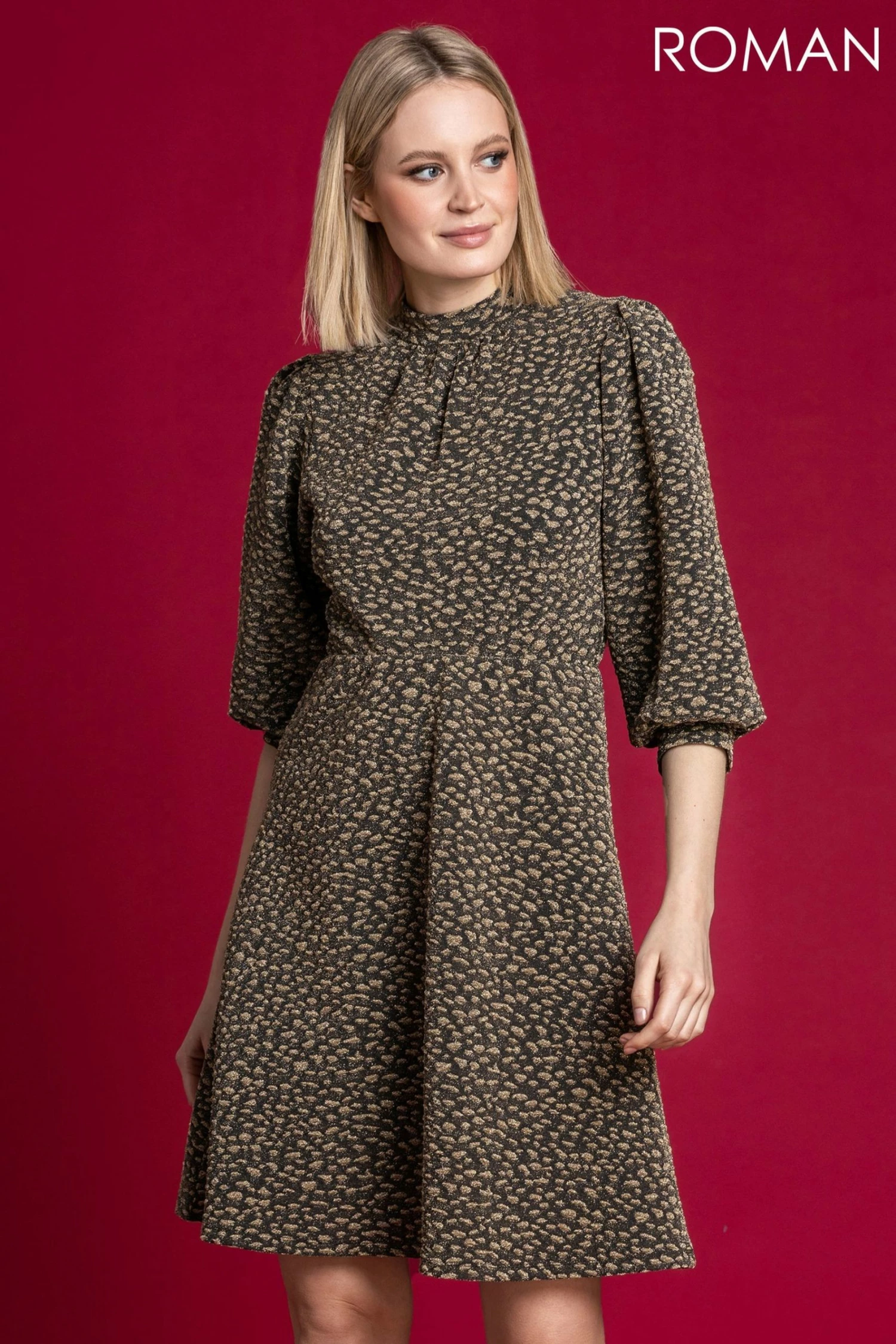 Roman Gold Shimmer Animal Print Fit & Flare Dress 3 Roman Gold Shimmer Animal Print Fit & Flare Dress