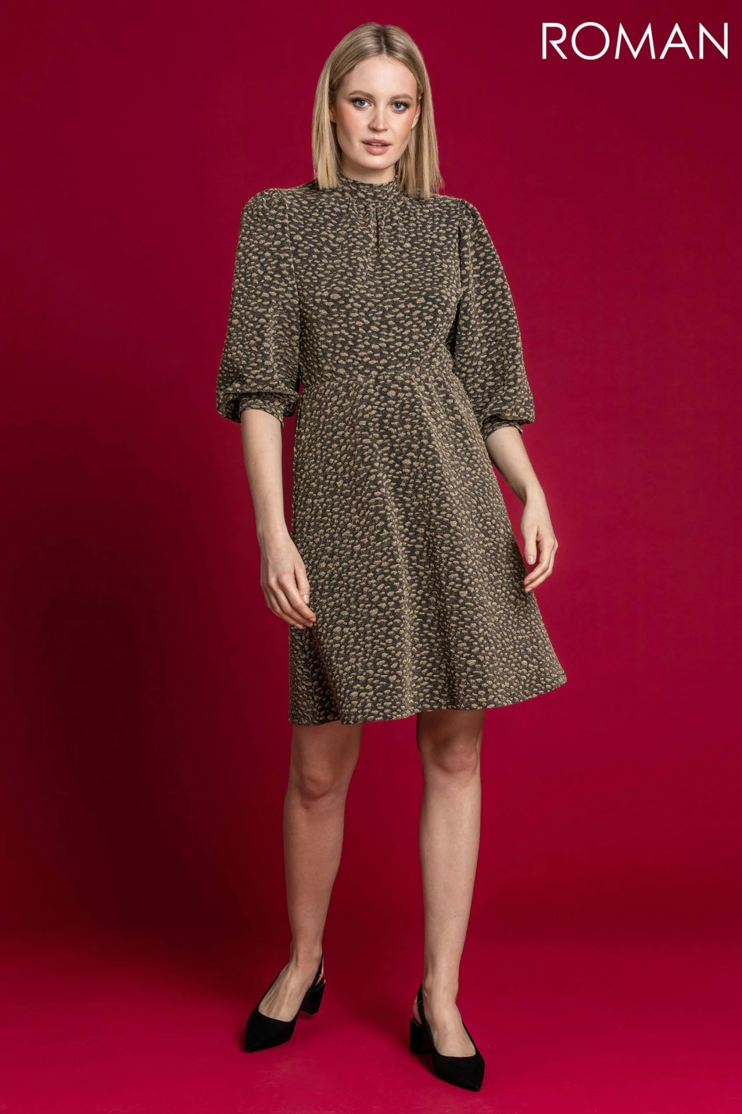 Roman Gold Shimmer Animal Print Fit & Flare Dress 5 Roman Gold Shimmer Animal Print Fit & Flare Dress - Image 3