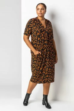 Roman Orange Curve Ditsy Floral Print Pocket Dress -Roman Sales Shop unnamed file 5032