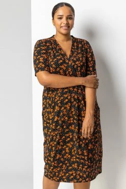 Roman Orange Curve Ditsy Floral Print Pocket Dress -Roman Sales Shop unnamed file 5034