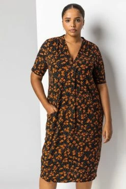 Roman Orange Curve Ditsy Floral Print Pocket Dress -Roman Sales Shop unnamed file 5035