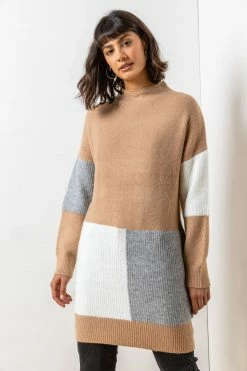 Roman Brown Colourblock High Neck Tunic Dress