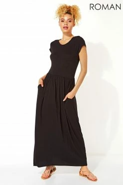 Roman Black Gathered Skirt Maxi Dress