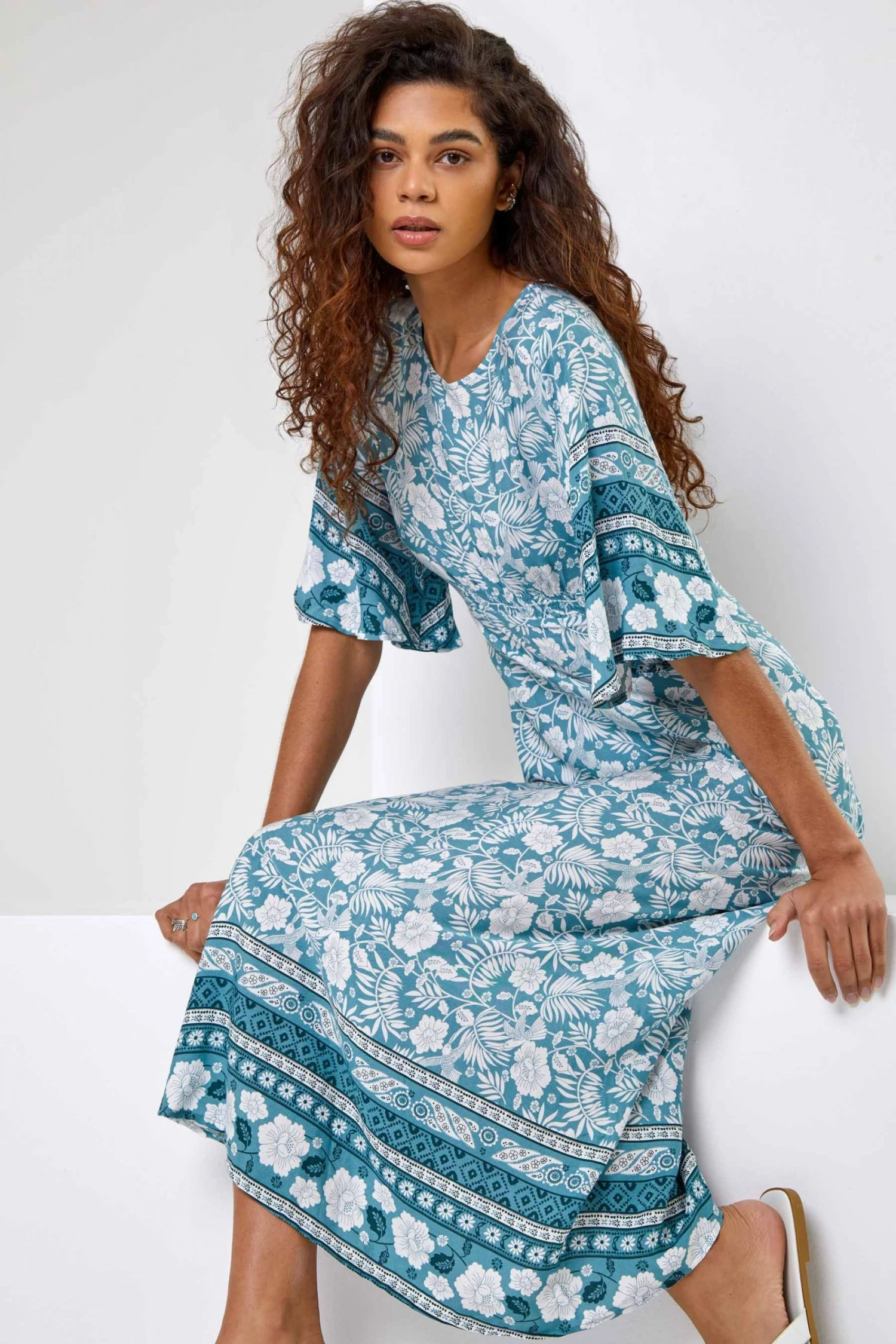 Roman Blue Floral Border Print Midi Dress 3 Roman Blue Floral Border Print Midi Dress