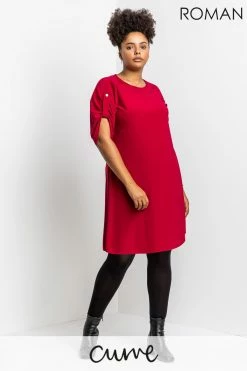 Roman Red Curve Drop Shoulder Belted Dress