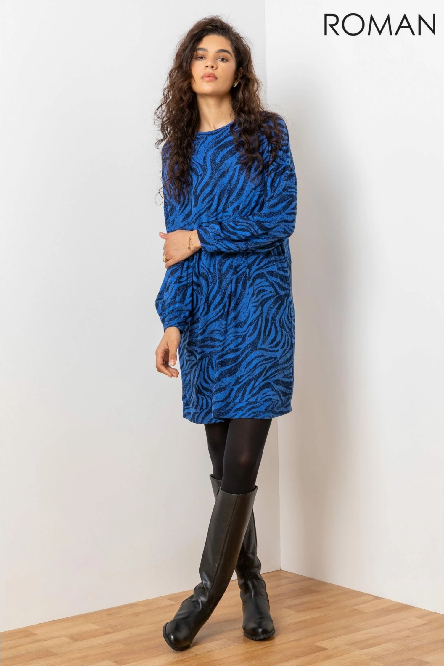 Roman Blue Animal Print Jacquard Sweater Dress 6 Roman Blue Animal Print Jacquard Sweater Dress - Image 4