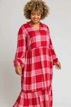 Roman Pink Curve Check Print Tiered Dress