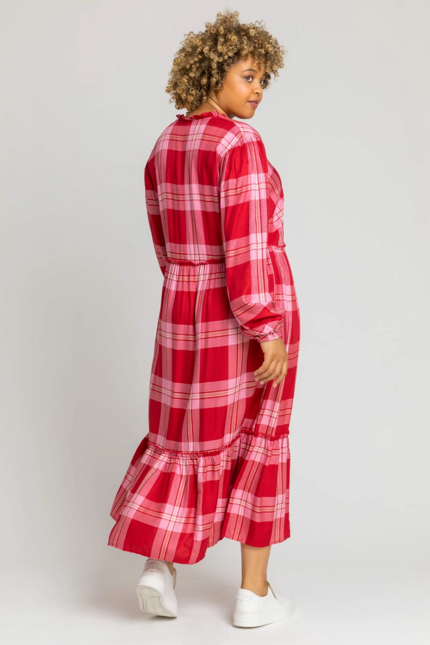 Roman Pink Curve Check Print Tiered Dress 4 Roman Pink Curve Check Print Tiered Dress - Image 2
