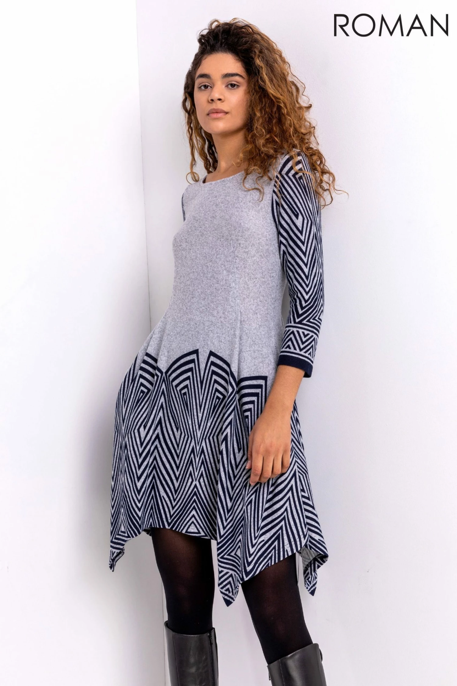 Roman Grey Geo Border Print Hanky Hem Dress 3 Roman Grey Geo Border Print Hanky Hem Dress