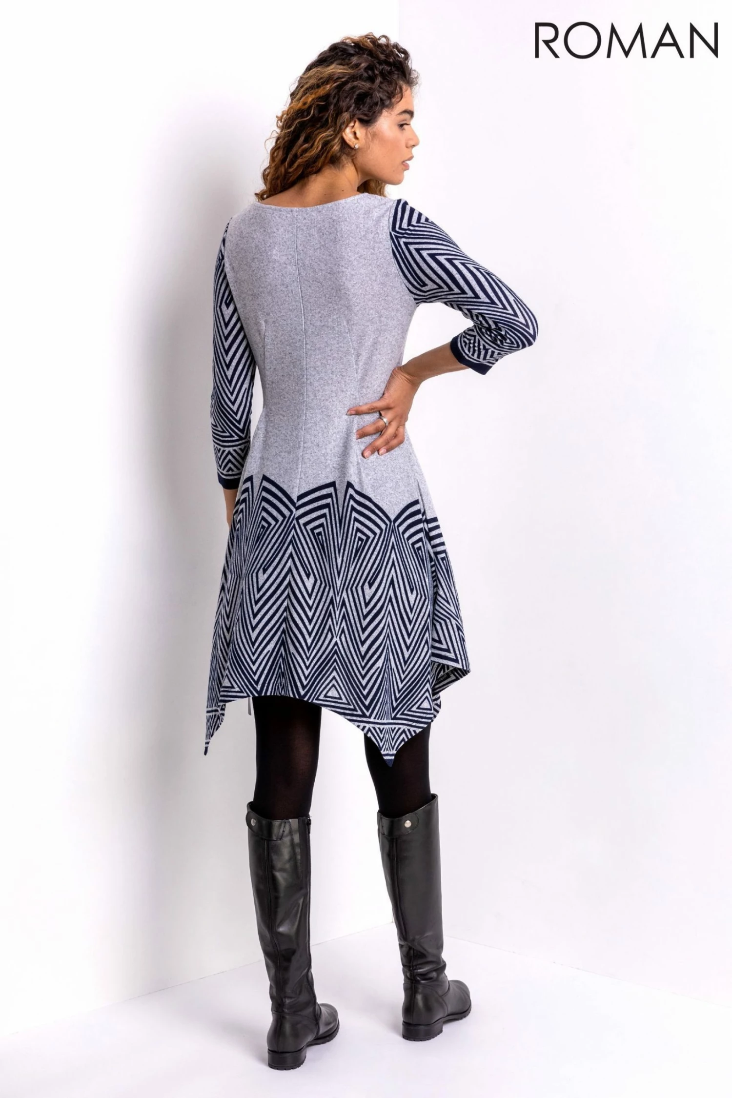 Roman Grey Geo Border Print Hanky Hem Dress 4 Roman Grey Geo Border Print Hanky Hem Dress - Image 2