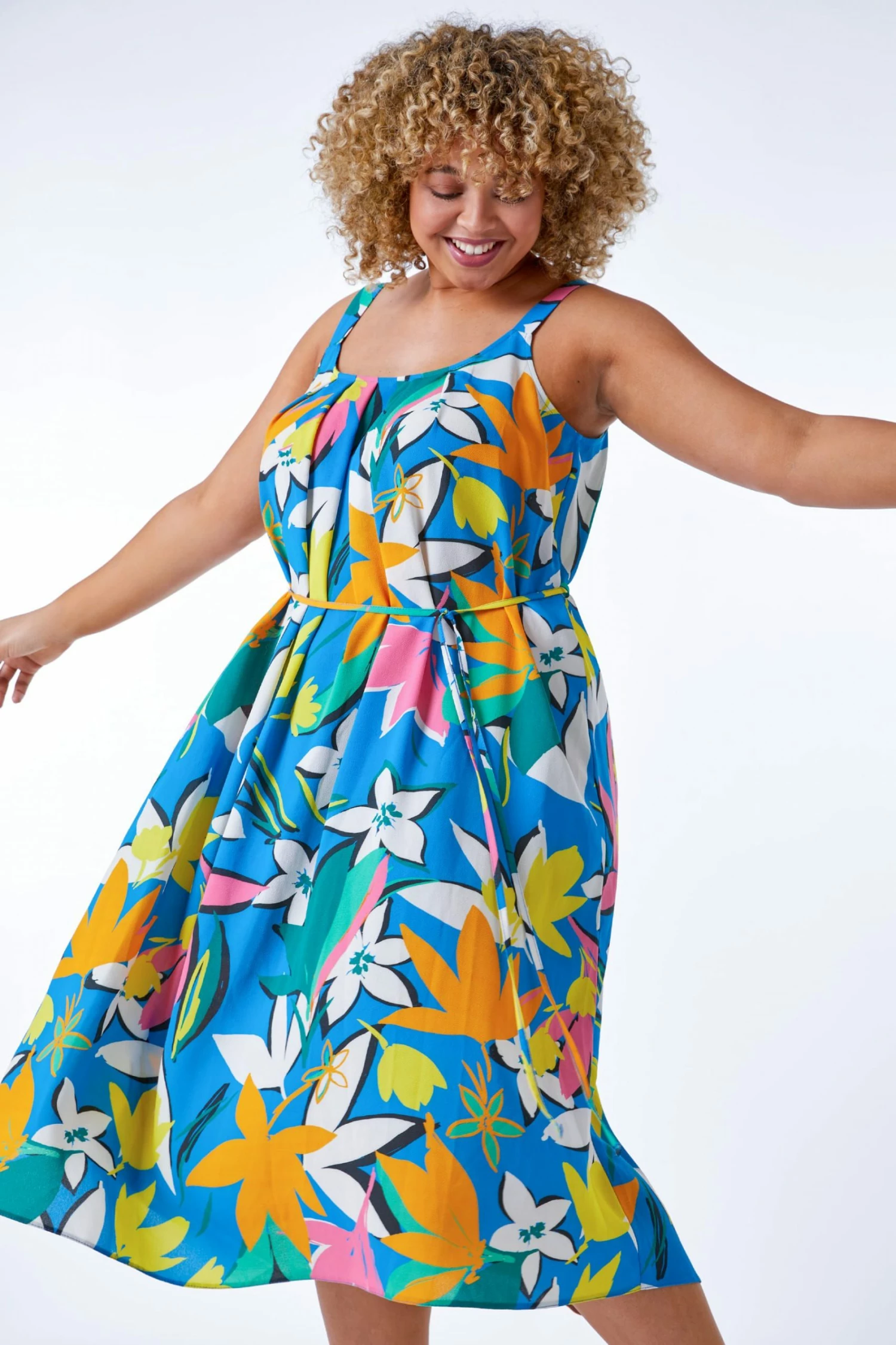 Roman Blue Multi Curve Leaf Print Belted Dress 3 Roman Blue Multi Curve Leaf Print Belted Dress