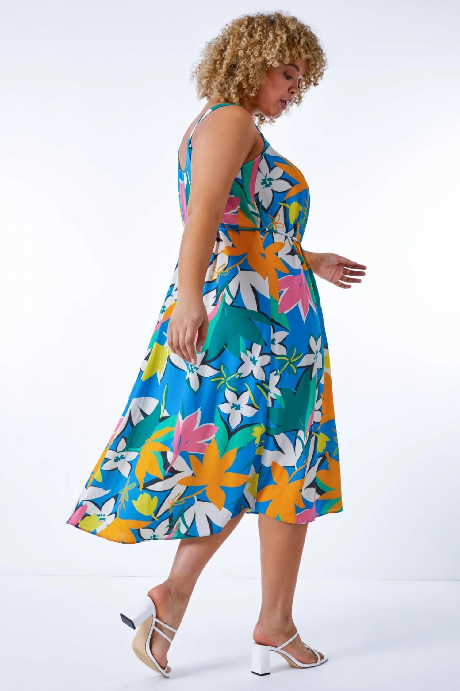 Roman Blue Multi Curve Leaf Print Belted Dress 4 Roman Blue Multi Curve Leaf Print Belted Dress - Image 2