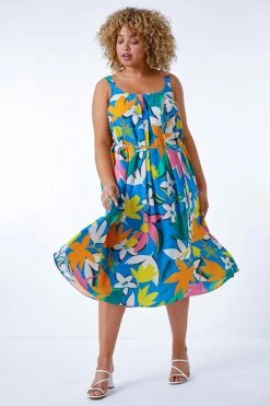 Roman Blue Multi Curve Leaf Print Belted Dress 10 Roman Blue Multi Curve Leaf Print Belted Dress -Roman Sales Shop unnamed file 5115