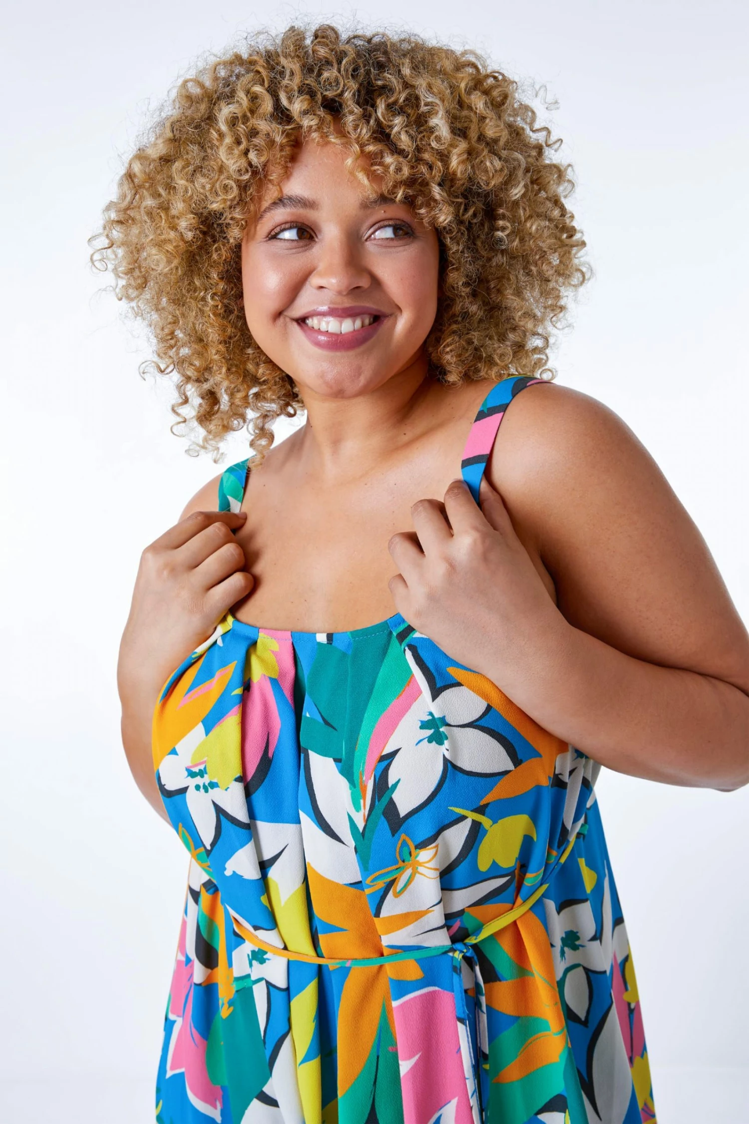 Roman Blue Multi Curve Leaf Print Belted Dress 7 Roman Blue Multi Curve Leaf Print Belted Dress - Image 5