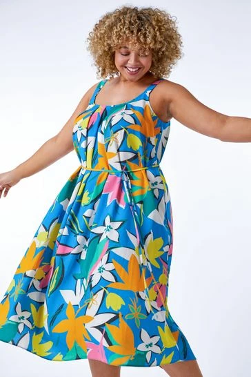Roman Blue Multi Curve Leaf Print Belted Dress 8 Roman Blue Multi Curve Leaf Print Belted Dress - Image 6