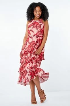 Roman Pink & Red Petite Tropical Leaf Print Tiered Midi Dress -Roman Sales Shop unnamed file 5126