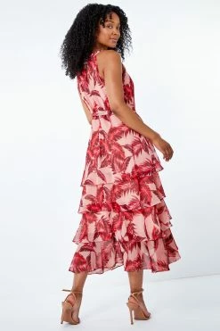 Roman Pink & Red Petite Tropical Leaf Print Tiered Midi Dress -Roman Sales Shop unnamed file 5127