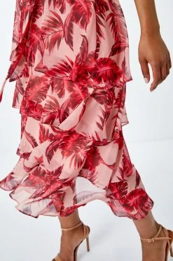 Roman Pink & Red Petite Tropical Leaf Print Tiered Midi Dress -Roman Sales Shop unnamed file 5129