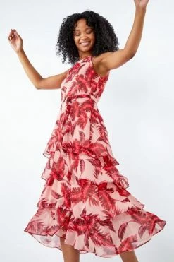 Roman Pink & Red Petite Tropical Leaf Print Tiered Midi Dress -Roman Sales Shop unnamed file 5130