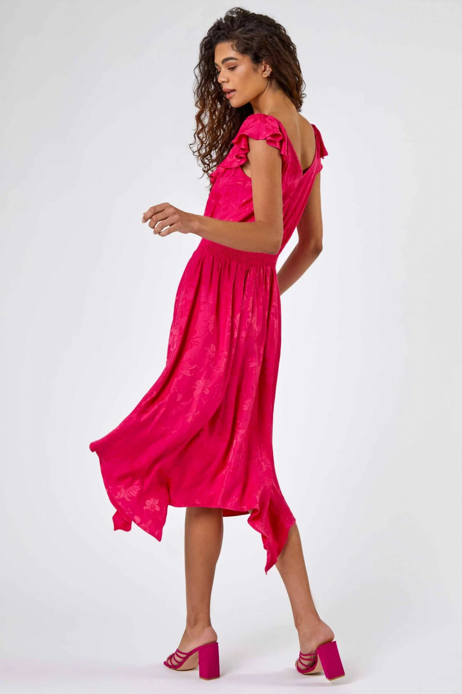 Roman Pink Shirred Waist Ruffle Midi Dress 4 Roman Pink Shirred Waist Ruffle Midi Dress - Image 2