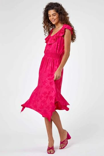 Roman Pink Shirred Waist Ruffle Midi Dress 8 Roman Pink Shirred Waist Ruffle Midi Dress - Image 6