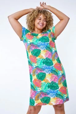 Roman Green Multi Curve Stretch Leaf Print Shift Dress