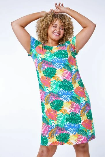 Roman Green Multi Curve Stretch Leaf Print Shift Dress 8 Roman Green Multi Curve Stretch Leaf Print Shift Dress - Image 6